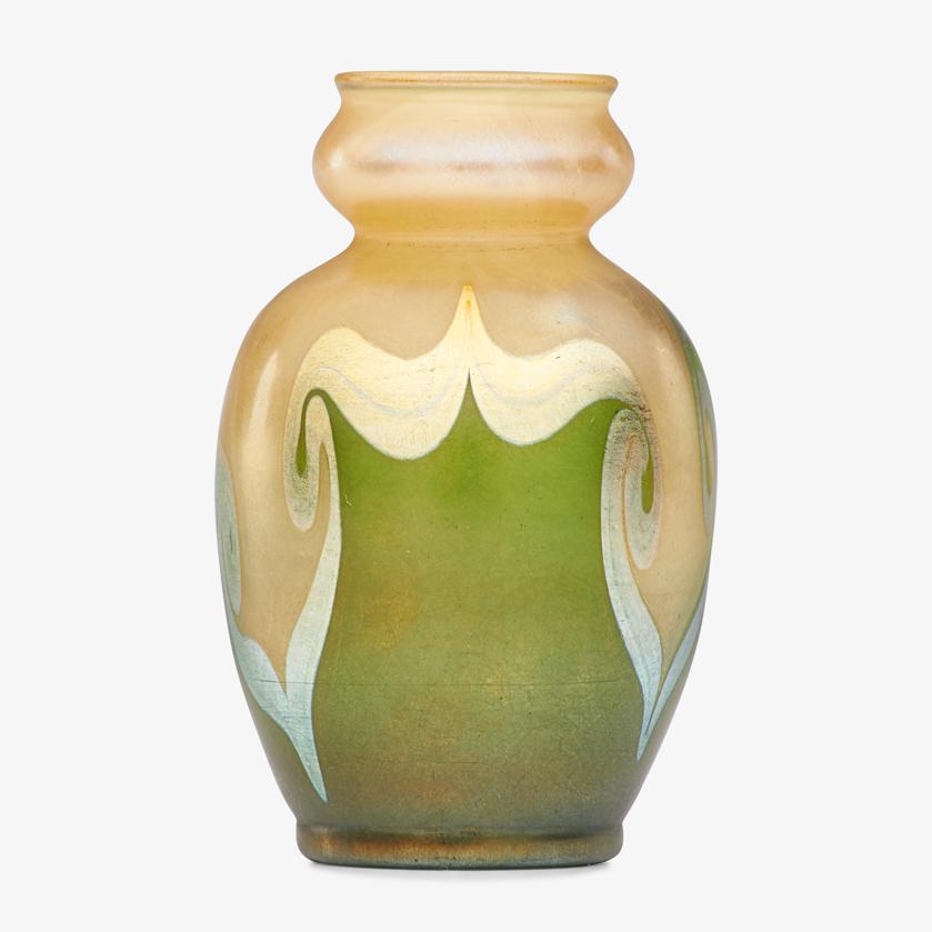 TIFFANY STUDIOS Favrile glass cabinet vase: TIFFANY STUDIOS Favrile glass cabinet vase, New York, ca. 1907 Blown glass Etched L.C. Tiffany - Favrile 9795B 3 1/2" x 2"