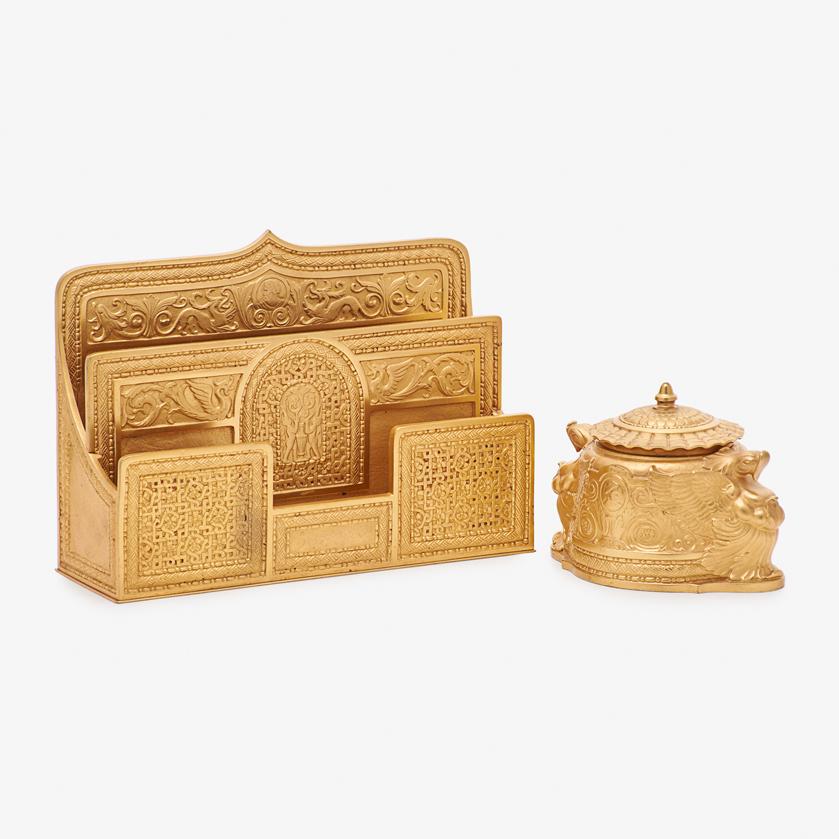 TIFFANY STUDIOS Spanish inkwell and paper rack: TIFFANY STUDIOS Spanish inkwell and paper rack, New York, 1920s Gilt bronze Both marked 7 1/4", 4"