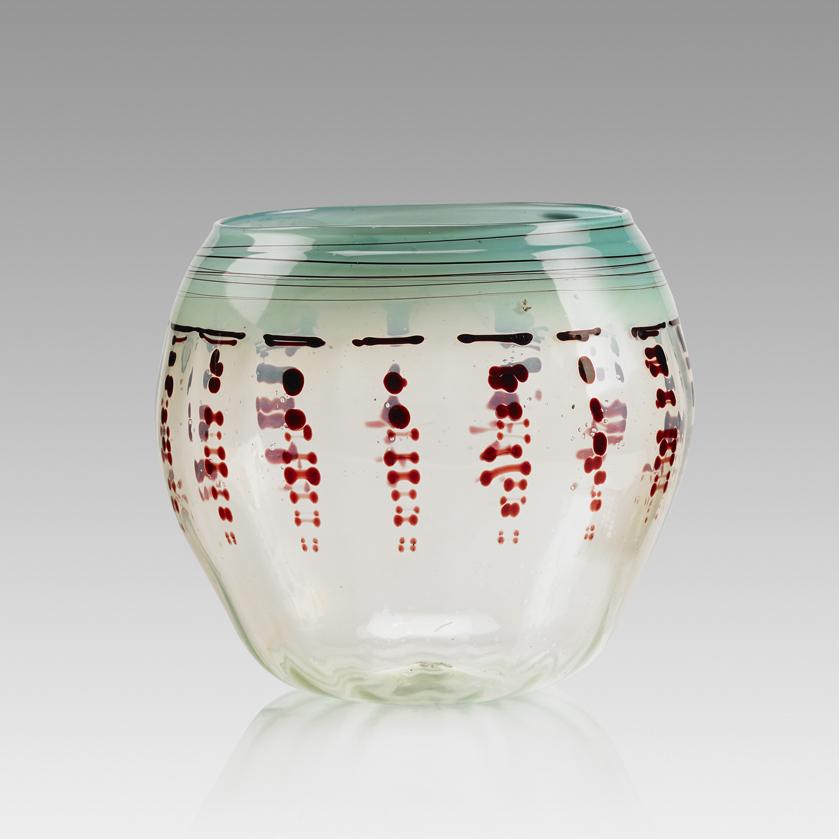DALE CHIHULY Basket: DALE CHIHULY (b. 1941) Seafoam Green and Oxblood Basket Blown glass Unmarked 9" x 10" Provenance: Rago Auctions, Modern, October 2010, lot 975 Collection of John Atzbach