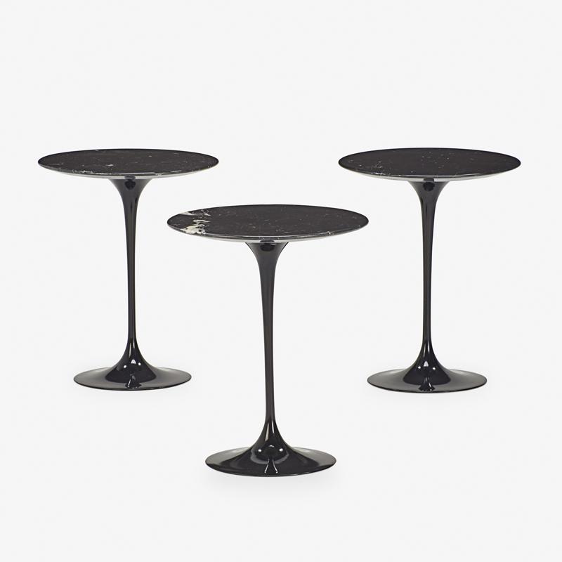 EERO SAARINEN FOR KNOLL INTERNATIONAL TULIP SIDE TABLES: Three: Plastic coated steel, marble, Italy/USA, 2000s Raised signature to underside of bases, one with a "Made in Italy" label 20" x 16" dia.
