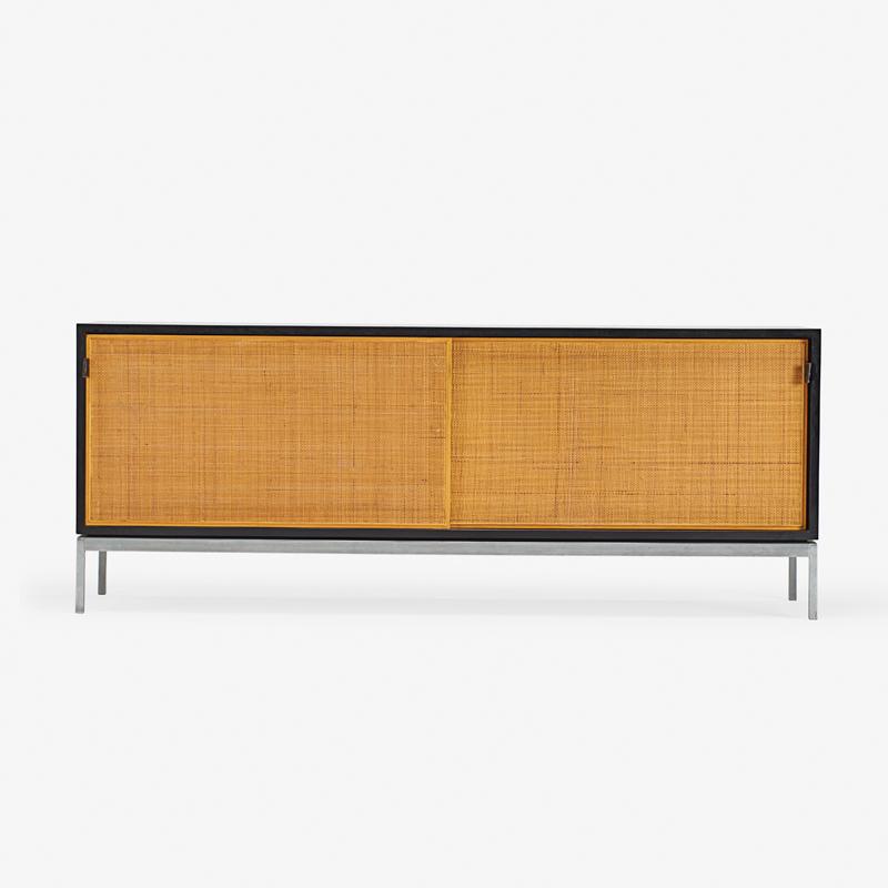 FLORENCE KNOLL FOR KNOLL ASSOCIATES SLIDING DOOR: CABINET Matte chromed steel, laminate, woven wicker, linen stitched leather, New York, mid 20th c. Manufacturer label 27" x 69" x 18"