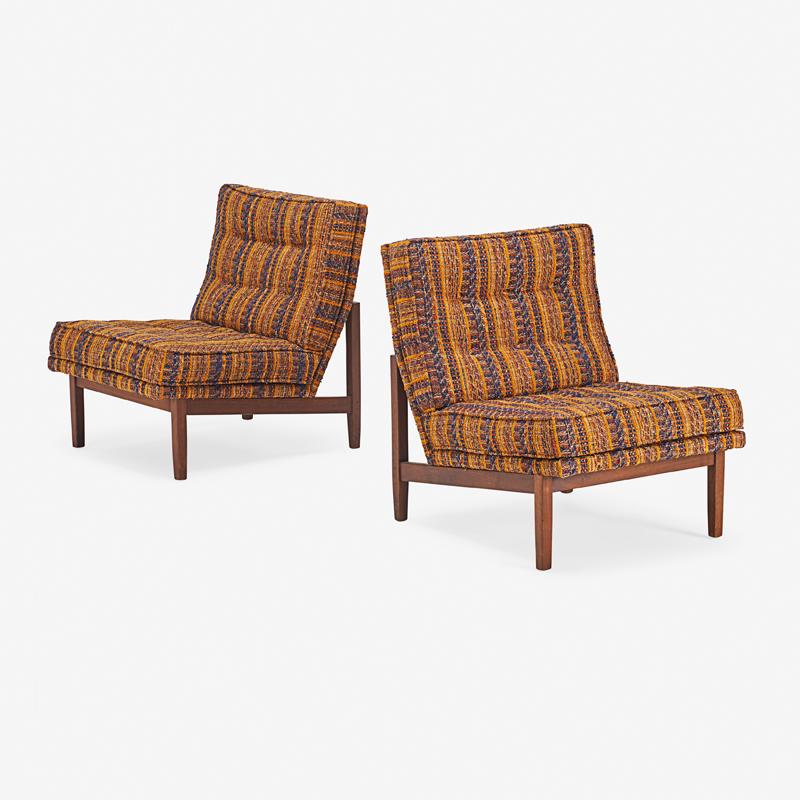 FLORENCE KNOLL LOUNGE CHAIRS: Walnut, upholstery, New York, mid 20th. c Unmarked 30" x 24" x 32"