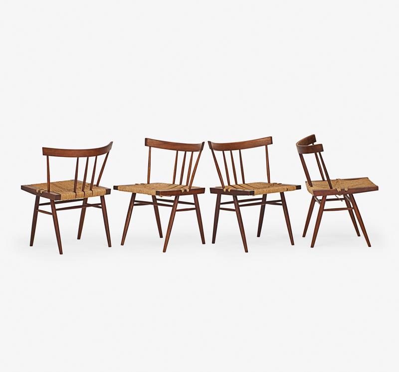 STYLE OF GEORGE NAKASHIMA GRASS-SEATED STYLE DINING: CHAIRS Four: Walnut, brass cord, USA, mid to late 20th c. Unmarked 29 1/2" x 22" x 21"