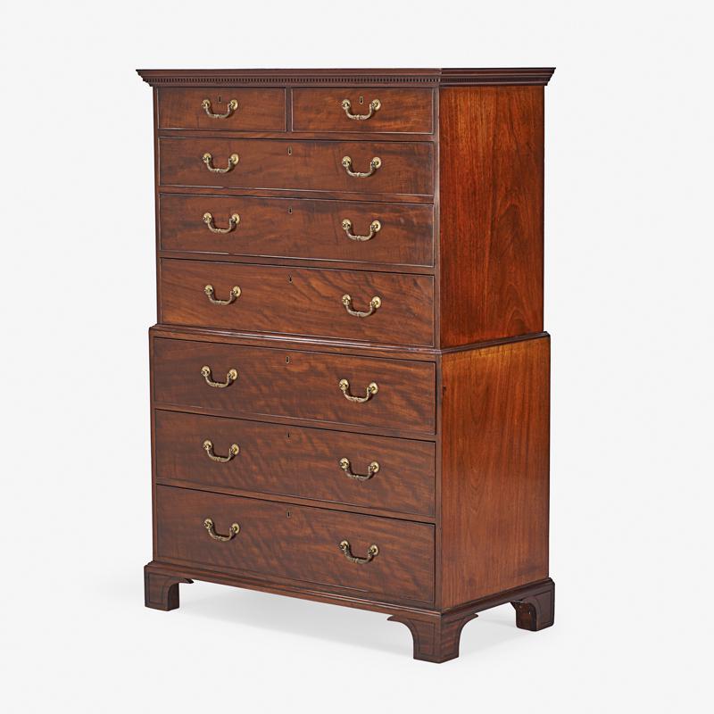 GEORGE III MAHOGANY CHEST ON CHEST: Fitted with graduated drawers on bracket feet, England, 19th c. 65 1/2" x 43 1/4" x 22 1/2"