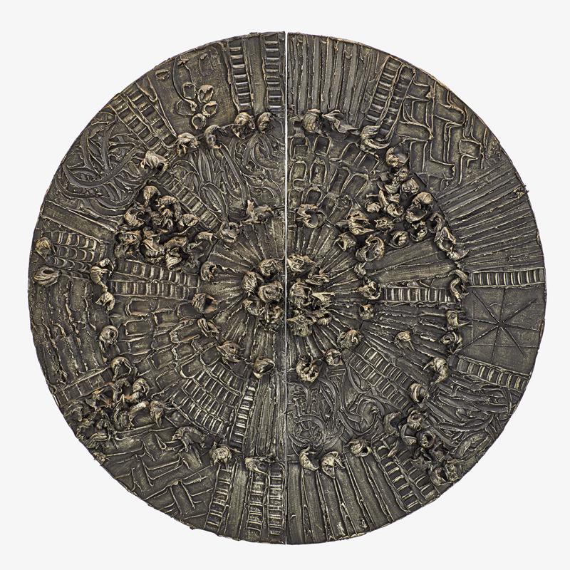 ADRIAN PEARSALL WALL MOUNTED DISC BAR: Silvered composite, laminate, mirrored glass, USA, mid 20th c. Unmarked 48" dia. x 11 1/2" (overall), cabinet: 24" x 32" x 10"