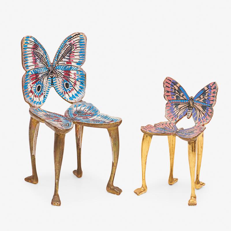 PEDRO FRIEDEBERG MINIATURE BUTTERFLY CHAIRS: Two: Hand-painted and gilt wood, transfer-printed paper, Mexico, 20th c. Signed Larger: 9 1/4" x 4 3/4" x 5" Provenance: Gift from the artist to Beverly Sills, Doyle New York, 7 October 2009, lots 171