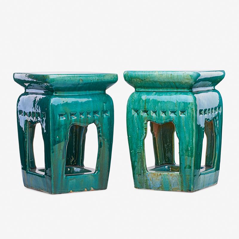 PAIR OF CHINESE CERAMIC GARDEN STOOLS: Square top above pierced base, celadon glazed, China, 20th c. 18" x 12 3/4" x 12 3/4"