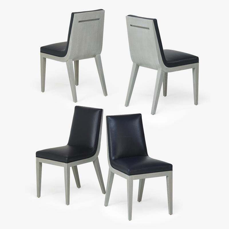 PATRICK NAGGAR FOR RALPH PUCCI SIDE CHAIRS: Four: Stained oak and leather Luxor chairs, USA, 2000s Unmarked 34 1/2" x 18" x 22 1/2"