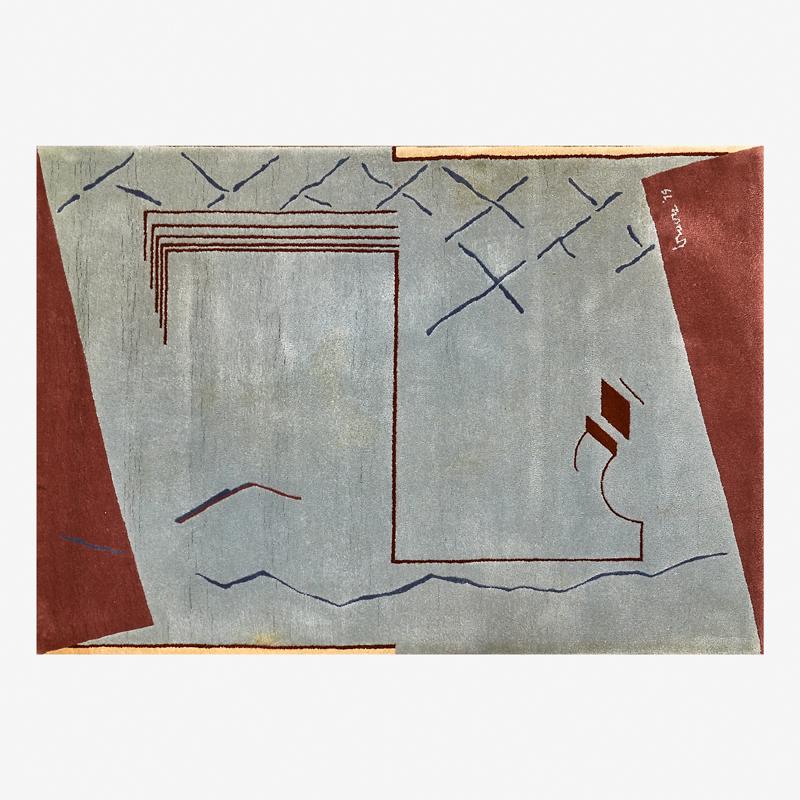 MICHAEL GRAVES RUG: Cut-pile abstract area rug in shades of gray, burgundy and cream Signed and dated "Graves 1979" 86" x 60"