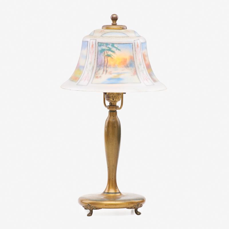 PAIRPOINT BOUDOIR LAMP: Brass baluster form base with Exeter shade depicting the four seasons, USA, early 20th c. Base marked "Pairpoint 3047 1/2", shade stamped "Pairpoint Corp" 16 1/4" x 8 1/2" dia.