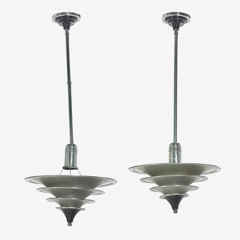 PAIR OF LEROY DOANE SATURN PENDANT LIGHTS: Four-tier aluminum and enameled fixture, early 20th c. Unmarked 43 1/2" to cap x 19 1/4" dia.