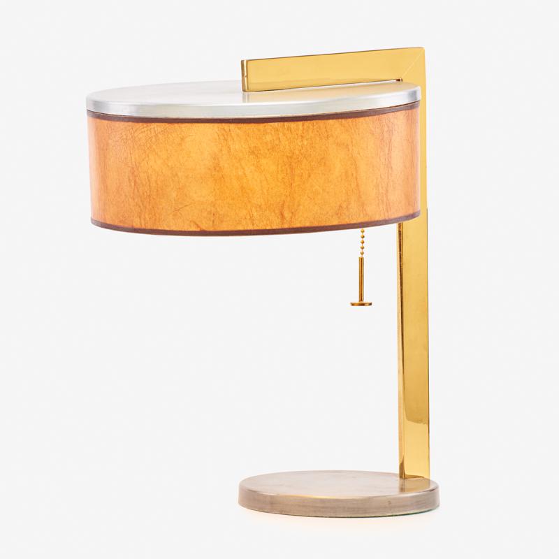 KURT VERSEN DESK LAMP: Brushed aluminum and brass, USA, 1930s Unmarked 12 1/2"