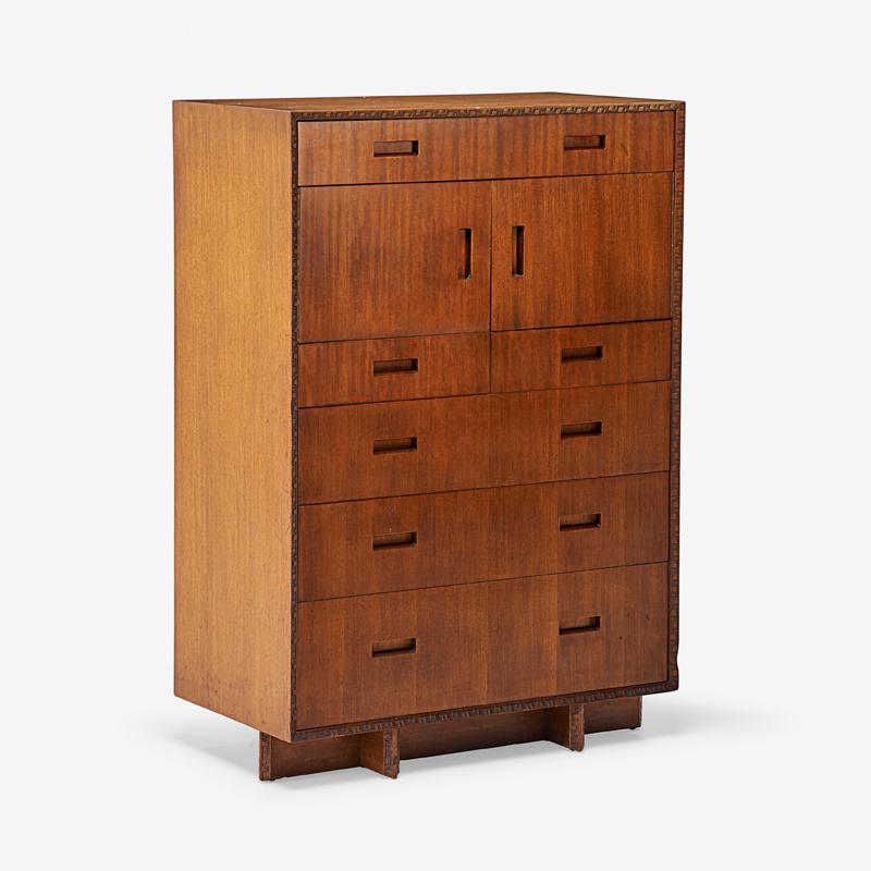 FRANK LLOYD WRIGHT FOR HENDREDON CABINET: Carved mahogany, USA, mid 20th c. Branded 52 1/2" x 36 1/2" x 20"