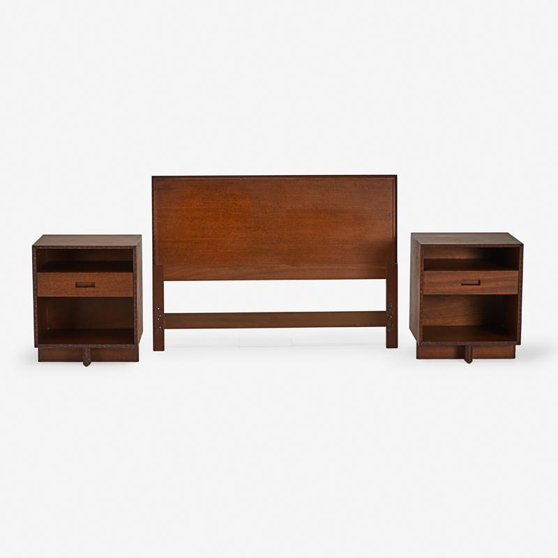FRANK LLOYD WRIGHT FOR HENDREDON: NIGHTSTANDS & HEADBOARD Carved mahogany, USA, mid 20th c. Drawer interiors with branded signature, headboard has stenciled model number Nightstands: 25 1/2" x 21 1/2" x 18", headboard: 38" x 54"