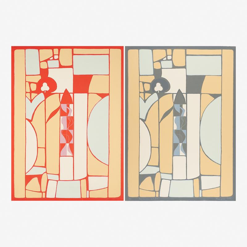 FRANCOISE GILOT (French, b. 1921): "Aquamarine and Gold," 1979 and "Aquamarine and Gold (State II)," 1979 Two lithographs in colors (framed separately) Both signed, titled and numbered out of 15 Printer: June Wayne, Los Angeles Publish