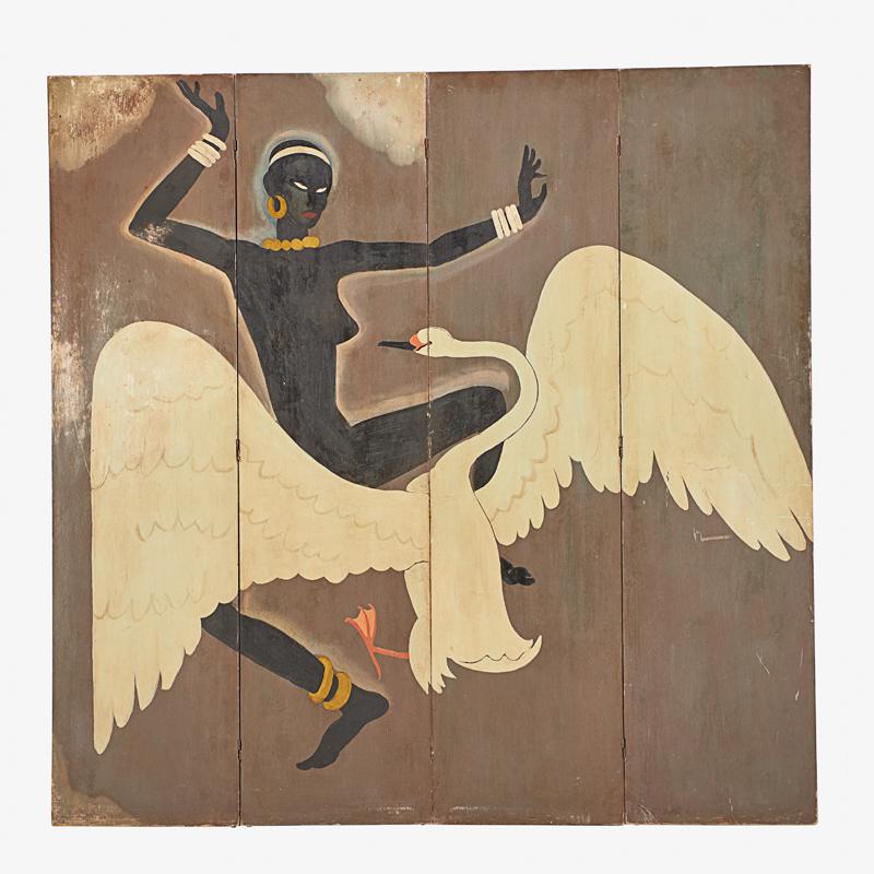FRANK VANCY HOFFMAN (American, 1902-1982): Leda and the Swan" folding screen Oil on wood panels 1927-30 Signed 67 1/2", Each Panel: 17 1/4