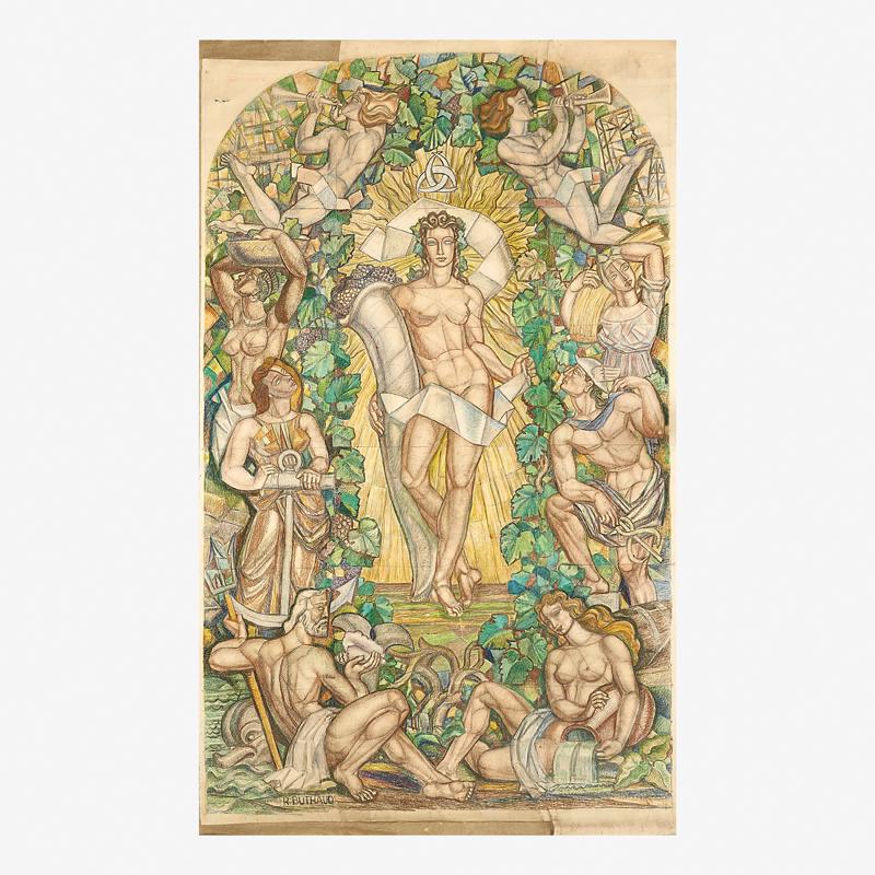 MASSIVE RENE BUTHAUD LA MAISON DU VIN CARTOON: Crayon and charcoal on paper (laid to linen) cartoon for a stained glass window at La Maison du Vin, Bordeaux depicting an allegory of the Garonne river, France, 1951 Signed R. BUTHAUD Image: 167" x 1