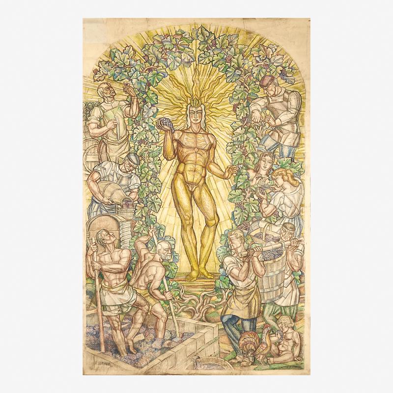 MASSIVE RENE BUTHAUD LA MAISON DU VIN CARTOON: Crayon and charcoal on paper (laid to linen) cartoon for a stained glass window at La Maison du Vin, Bordeaux depicting Apollo triumphant among the Bordeaux grape harvesters, France, 1951 Signed R. BU
