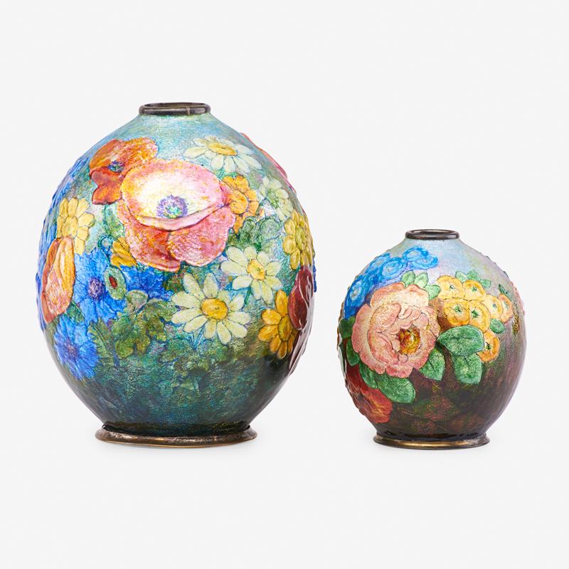 CAMILLE FAURE ENAMELED COPPER VASES: Two: Both enamel foliate decorated with brass feet, France, 1940-50s Both signed "C. Faure Limgoes" near base 7" x 5 1/2" and 4 1/2" x 3 1/2"