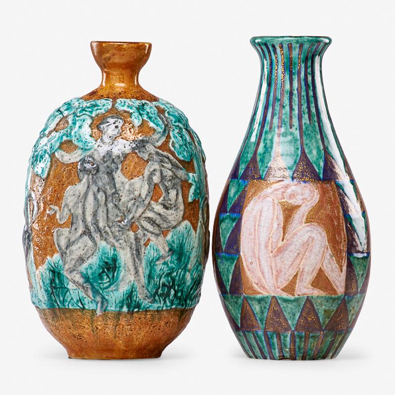 EDOUARD CAZAUX VASES: Two: Glazed earthenware and stoneware vases with nude figures and geese, France One signed Each approx. 13" Please see condition report