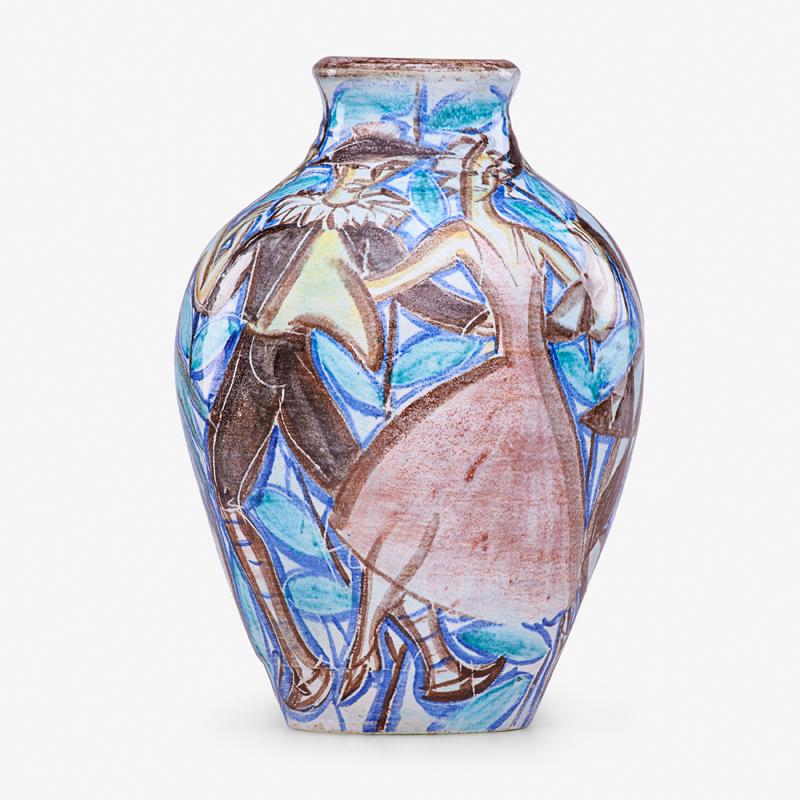 EDOUARD CAZAUX EARTHENWARE VASE: Large glazed vase with Commedia dell'Arte figures, France, ca. 1955 Signed CAZAUX 11 1/2" x 7 3/4" Provenance: Christie's, February 9, 2000, lot 42