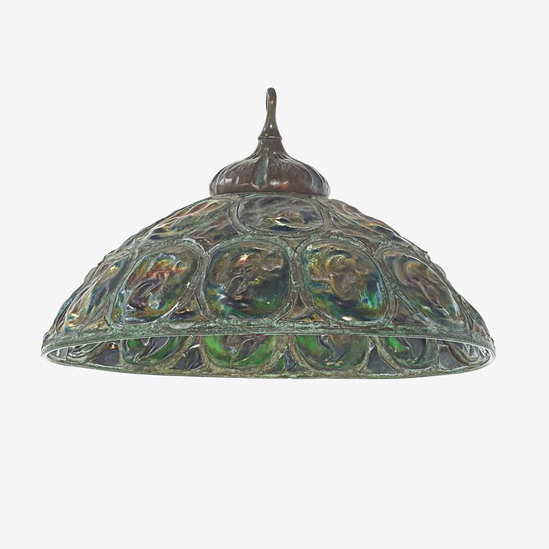 STYLE OF TIFFANY STUDIOS TURTLEBACK CHANDELIER: Favrile glass and patinated bronze cap, six light, 20th c. Unmarked 15" to cap x 24" dia.