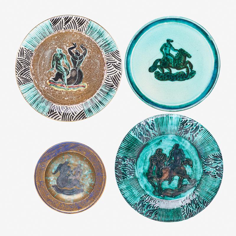 JEAN MAYODON EARTHENWARE: Four: Two wall-hanging chargers, one plate, and one small bowl with centaurs, mermen, and nudes, France, 1937/55/undated Glazed and gilt earthenware All signed, two dated Largest: 10" dia. Provenance: