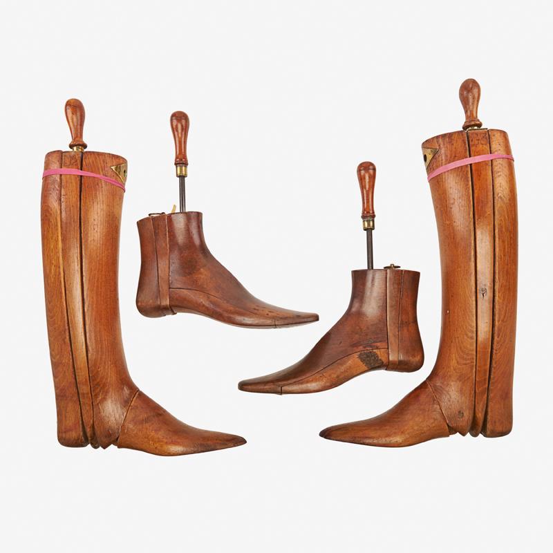 WOODEN SHOE & BOOT FORMS: Two pairs: One shoe form, marked "Ridet" and one boot form, marked "J. Coquilot Paris-Saumur", late 19th/early 20th c. Marked Larger: 24" (overall)