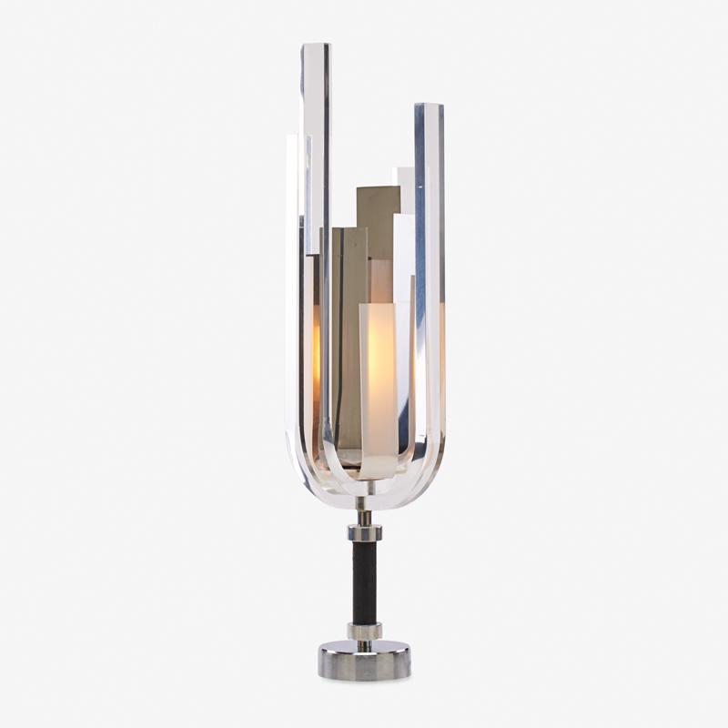 PHILIPPE JEAN TABLE LAMP: Clear and frosted plexiglass lamp with chrome and leather-wrapped shaft, France, 1970s Base signed "PH Jean" 34 1/4"