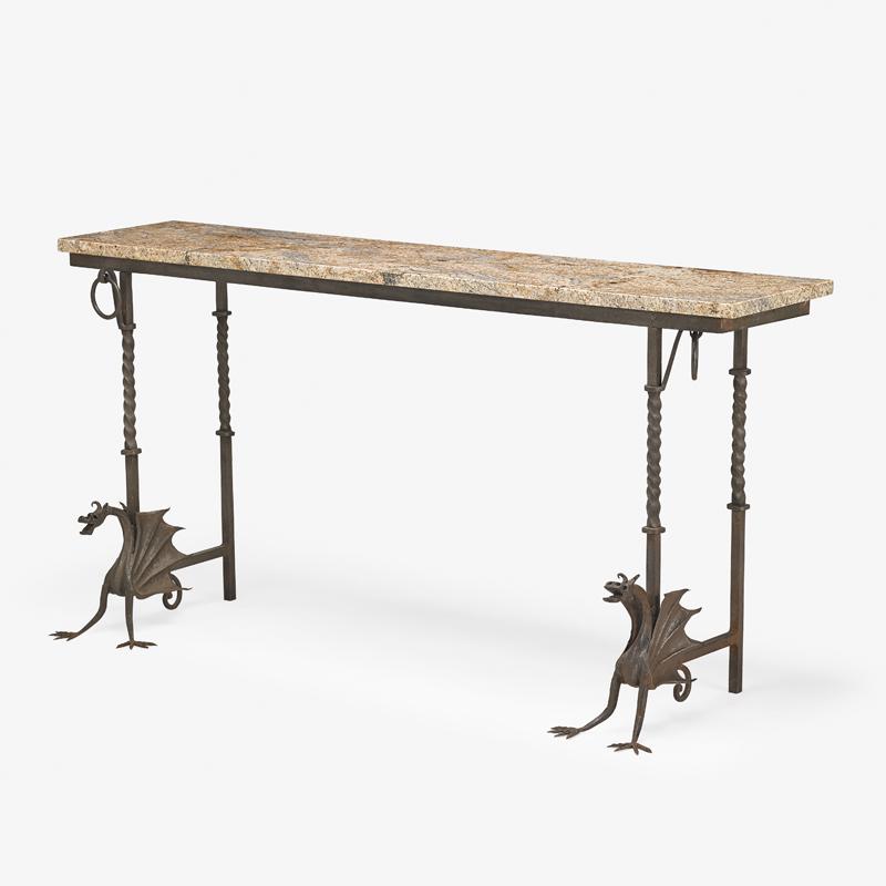 SPANISH COLONIAL REVIVAL CONSOLE TABLE: Wrought iron with rectangular granite top and dragon form supports, Spain, early 20th c. 35" x 69 1/4" x 16"
