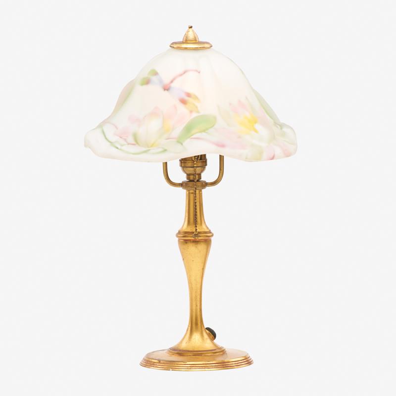PAIRPOINT BOUDOIR LAMP: Brass base with puffy Tivoli shade with dragon fly and floral decoration, USA, early 20th c. Shade stamped "V Pairpoint Company", base marked "Pairpoint B 3021" 12 3/4" x 8" dia.