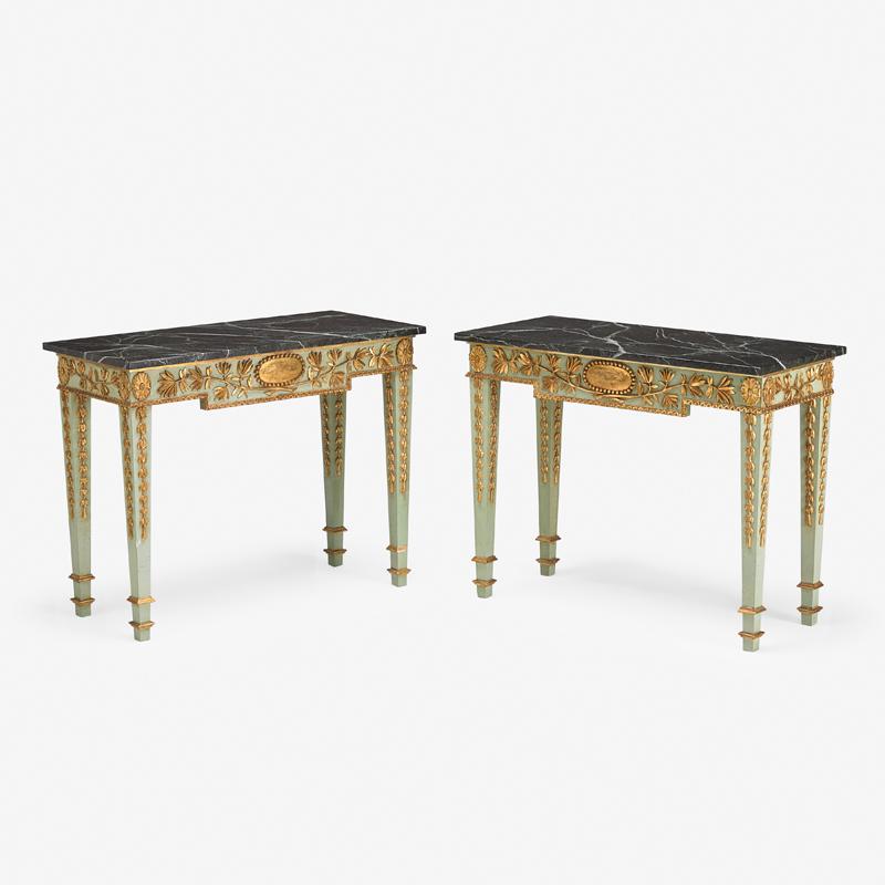PAIR OF NEOCLASSICAL STYLE PAINTED AND PARCEL GILT: Green marble tops on turquoise blue painted tapered legs, late 20th c. 32 3/4" x 42" x 19 1/4"