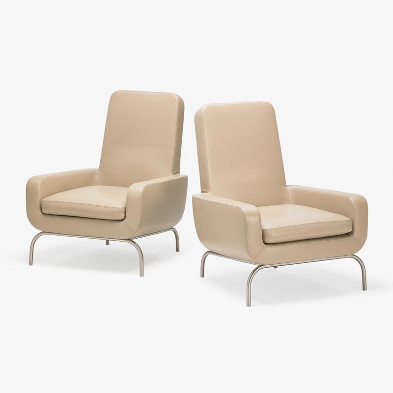 PAIR OF MINOTTI TALL-BACK LOUNGE CHAIRS: Matte-chromed steel, leather, embroidered decking, Italy, 21st c. 36" x 29" x 35"