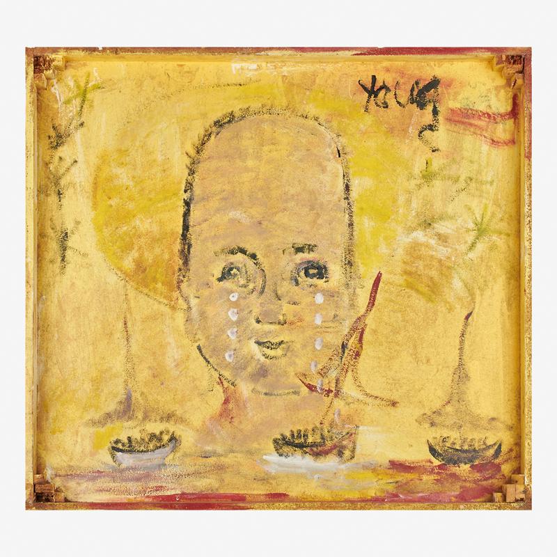PURVIS YOUNG (American, 1943-2010): Angel + Boat People, early 1990s Oil on underside of wood table top, its sides forming a frame Signed upper right corner 35" x 38 1/2" x 3 1/4" Provenance: The Artist Private Collection, Connecticut (