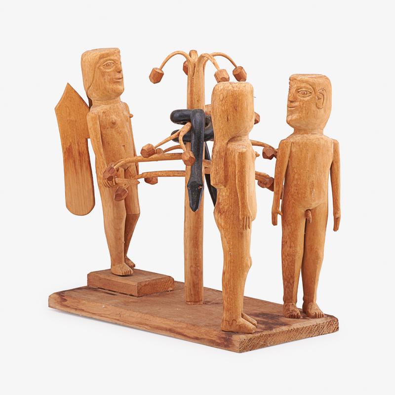 EDGAR TOLSON (American, 1904-1984): Expulsion from the Fall of Man series, 1976 Carved wood, paint Date written in pencil on bottom 12 5/8" x 6 5/8" x 13" Provenance: The Artist Collection of Jacqueline Fowler, Connecticut Edgar Tolson