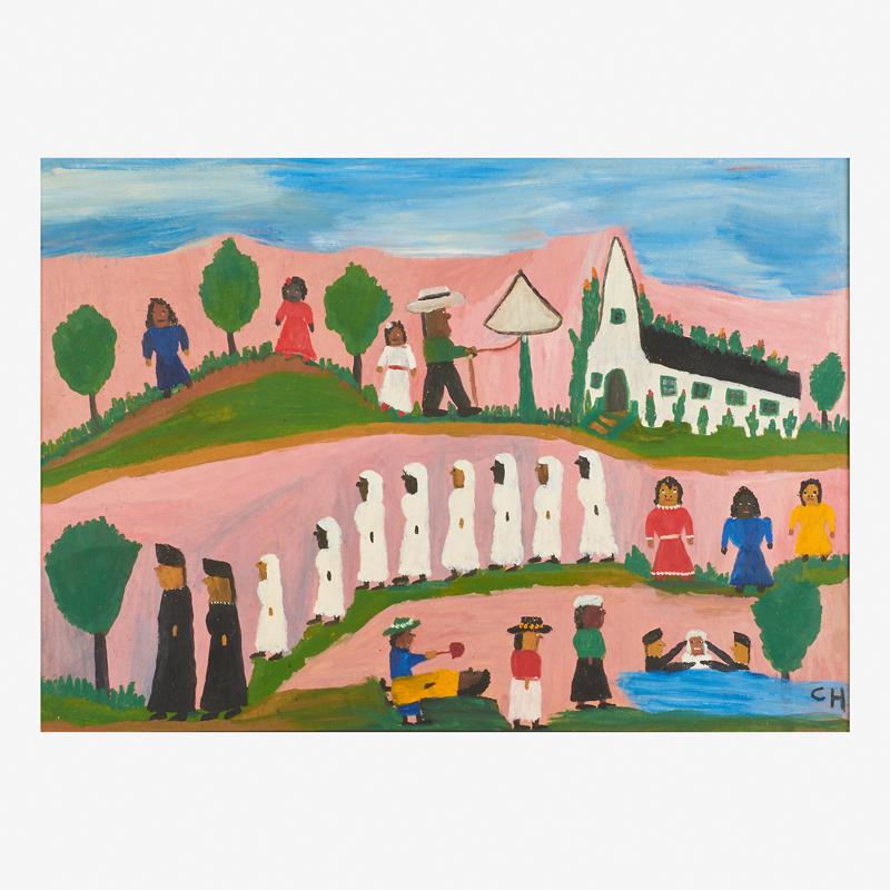 CLEMENTINE HUNTER (American, 1886-1988): Cane River Baptising Oil on board (framed) Initialed CH bottom right 25 3/4" x 18 7/8" Two informational labels (not gallery labels) verso. The typed, titled label is initialed "f.m." The descendant o