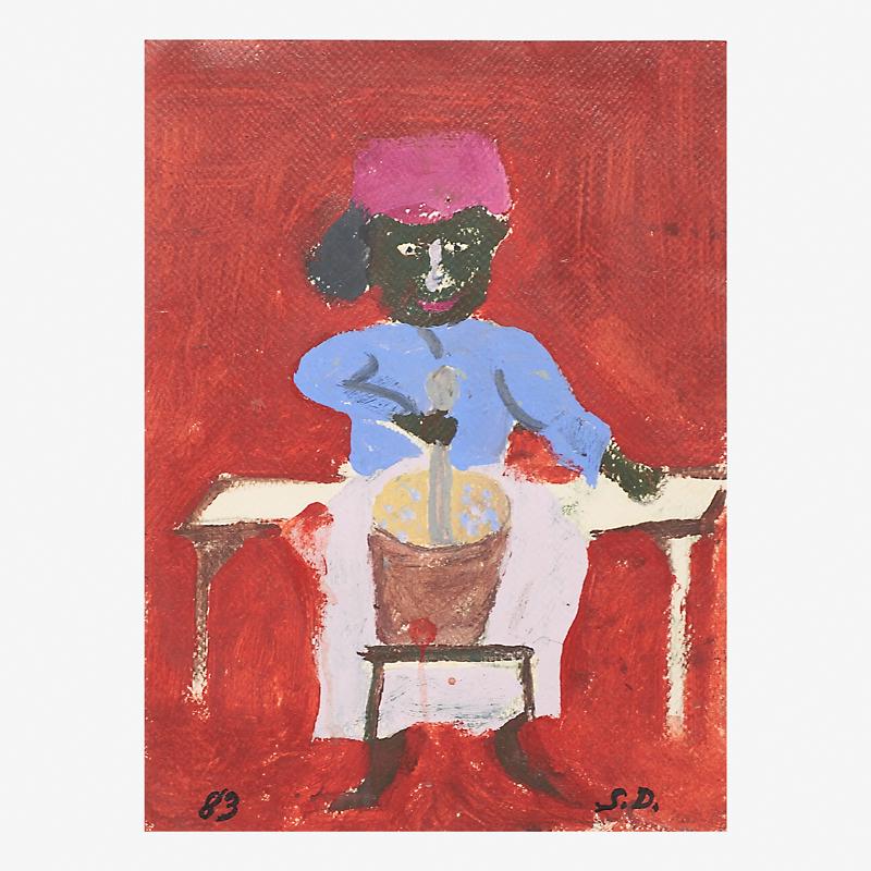 SAM DOYLE (American, 1906-1985): Washer Woman, 1983 Oil on paper (framed) Initialed SD bottom right, dated bottom left 11" x 15" (image) Provenance: Regenia Perry Private Collection, Washington D.C. Sam Doyle’s major works are on p