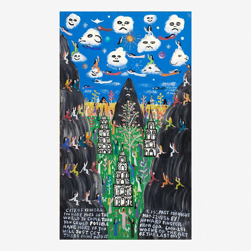 HOWARD FINSTER (American, 1916-2001): Heaven is Worth it All, 1986 Oil on board (framed) Signed, dated, and inscribed on verso "5000-291 works of art since 1976 - over 10 -years work night and day" 23 1/2" x 13 1/8" (image) “The Lord sp