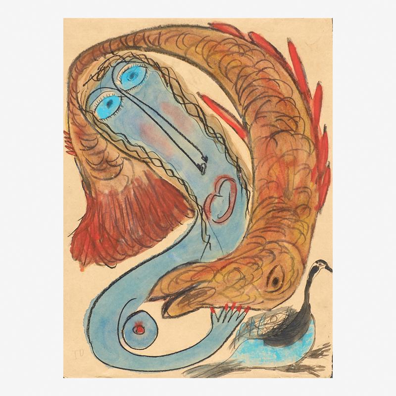 THORNTON DIAL (American, 1928-2016): Untitled (bird feeding) Oil crayon on paper (framed) Initialed TD bottom left 41" x 43" (frame), 31" x 23" (image) Thornton Dial was a pioneering African-American artist who produced exuberant drawing