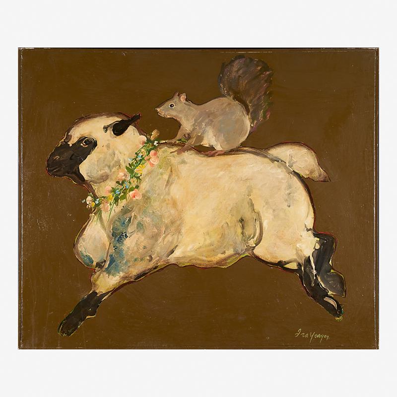 IRA YEAGER (American, b. 1938): Untitled (squirrel riding sheep) Acrylic on board Signed lower right 30 1/2" x 36 3/4" A native of the Northwest U.S., Yeager has said that it wasn’t until he arrived in Florence, Italy in 1960 to s