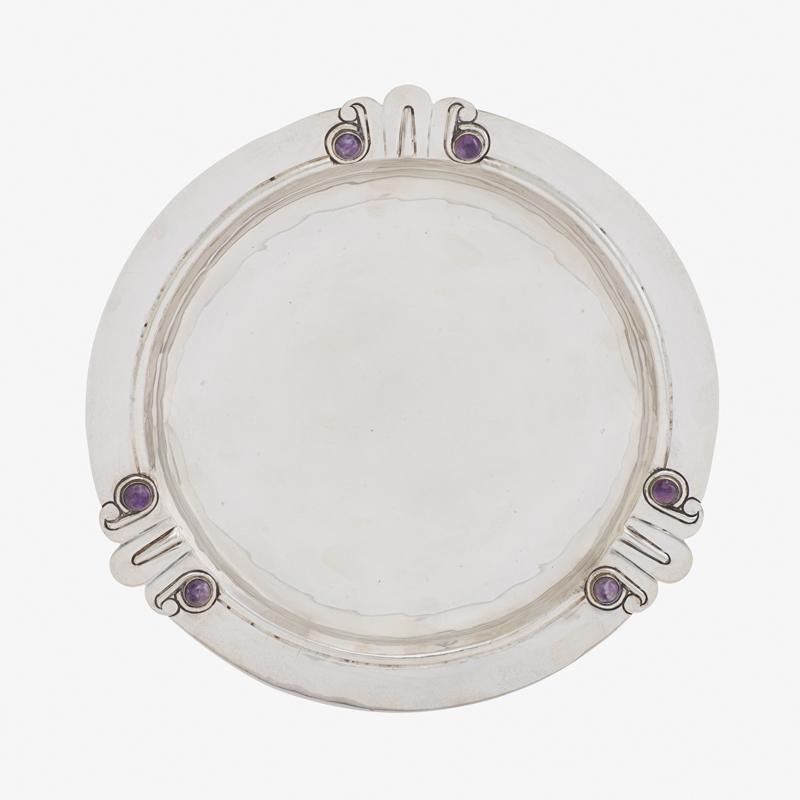 WILLIAM SPRATLING STERLING SILVER & AMETHYST BOWL: Shaped silver bowl set with six amethyst cabochons, Mexico, 1945 Marked 11 5/8" dia., 18.6 ozt (total weight)