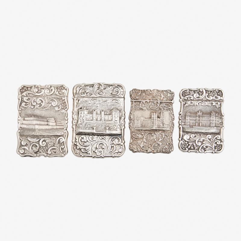 ENGLISH CASTLE TOP SILVER CARD CASES: Four: One depicting the Crystal Palace in original case, by Nathaniel Mills, Birmingham, 1851, one by David Pettifer, Birmingham, 1855, one depicting Windsor castle and Westminster Abbey, by Yapp & Wo