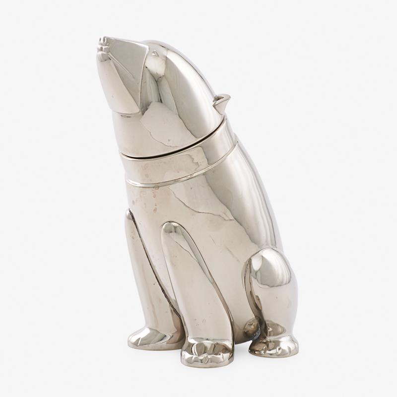 ART DECO SILVER PLATE COCKTAIL SHAKER: Polar bear form, 20th c. Unmarked 10 1/4" x 5" x 5 1/4"