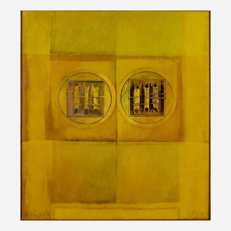 John Kacere (American, 1920-1999): Keyhole (Roman Visitation #6), 1961 Oil and mixed media on canvas (framed) Signed, dated and titled 60" x 54" Exhibition: Purchase Exhibition, University of New Mexico Art Gallery, Albuquerque, 1964 A