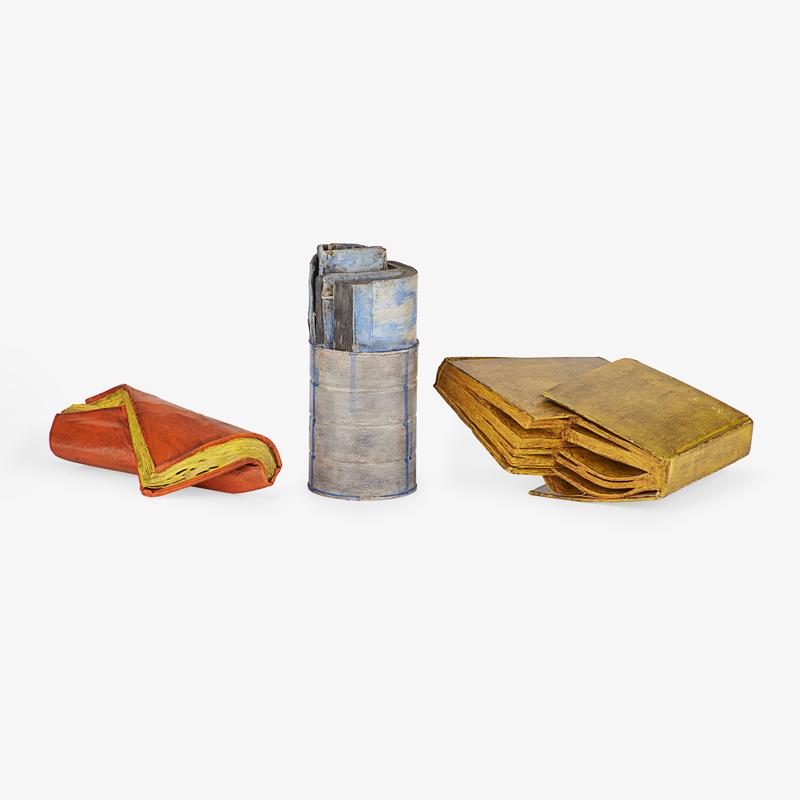 Barton Benes (American, 1942-2012): Three works of art Untitled (Book in Can), 1973 Mixed media book construction 9" x 4" x 4" Untitled (Two Yellow Books), 1973 Mixed media book construction 5" x 12" x 10" Untitled (Brown Twisted Book),