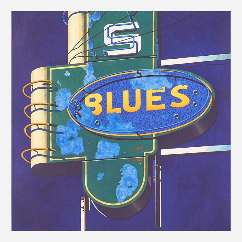 Robert Cottingham (American, b. 1935): Blues, 1989 Etching and aquatint in colors Signed, dated, titled and noted H.C. 1 17 7/8" x 17 7/8" (plate) 18 3/4" x 18 1/2" (sight) Provenance: Forum Gallery, New York (label on verso) Jerald Melber