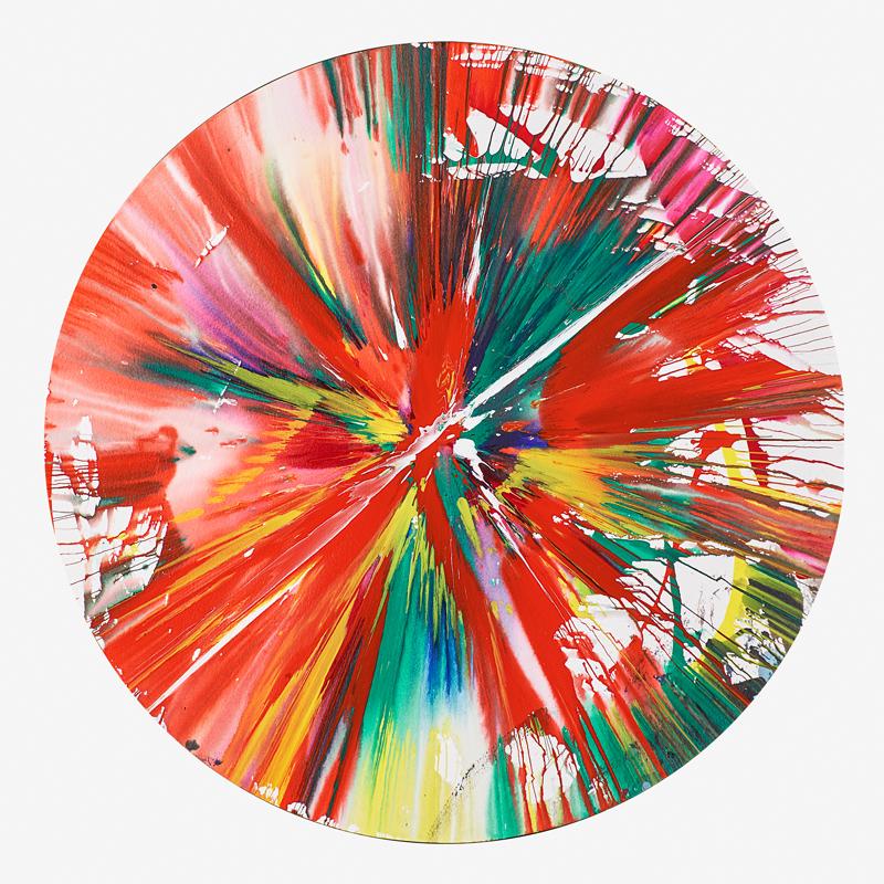 Damien Hirst (British, b. 1965): Circle Spin Painting (Created at Damien Hirst Spin Workshop), 2009 Acrylic on paper Signed in marker "Damien Hirst" Bears Hirst blindstamp and stamped with signature and inscription "This painting was