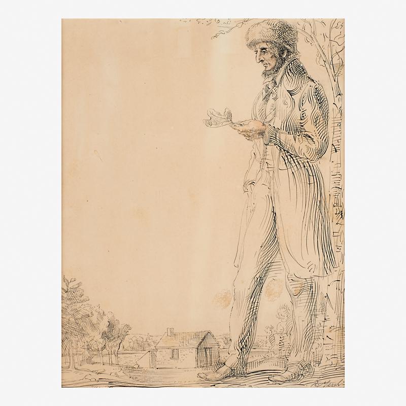 Reginald Marsh (American, 1898-1954): Advertisement for Traveler's Insurance Ink on paper (framed) Signed 12" x 9 1/4" (sight) Provenance: Collection of Jacqueline Fowler, Connecticut