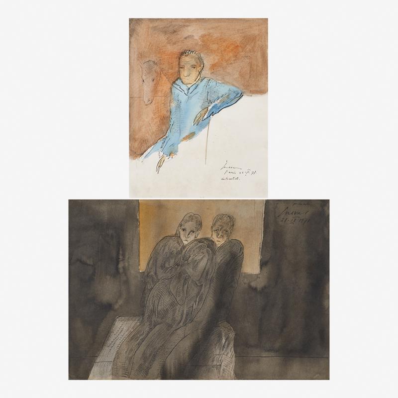 Jose Luis Cuevas (Mexican, 1934-2017): Two works of art Untitled (Self Portrait), 1978 Watercolor, ink and pencil on paper (framed) Signed and dated 11 1/2" x 8 3/4" (sheet) Los Amantes, 1973 Watercolor and ink on paper (framed) Signed, da