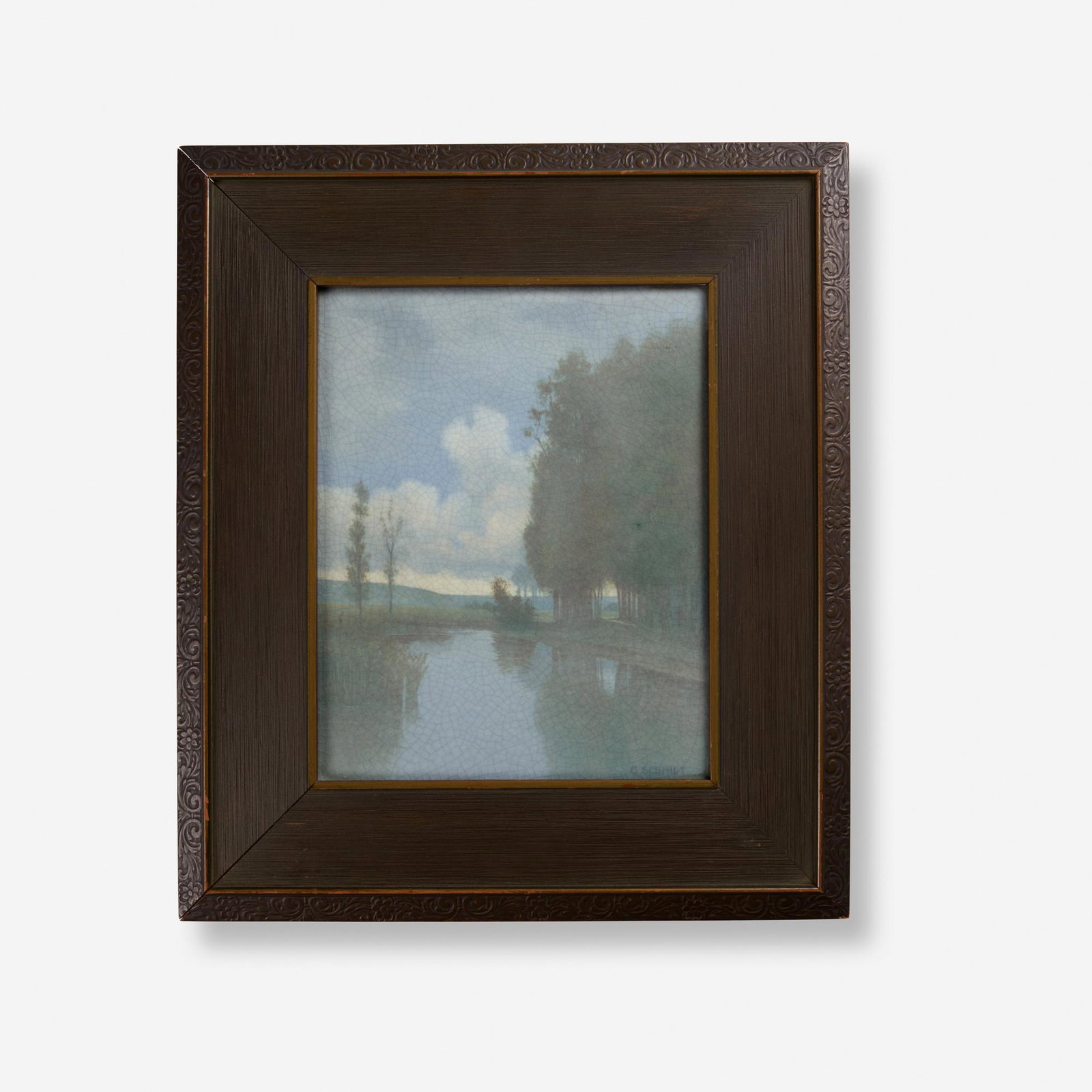 Carl Schmidt, In May Vellum plaque: Carl Schmidt In May Vellum plaque Rookwood Pottery USA, 1912 glazed earthenware, original frame 10.5 h × 8 w in (27 × 20 cm) Glazed signature to lower right 'C. Schmidt'. Impressed
